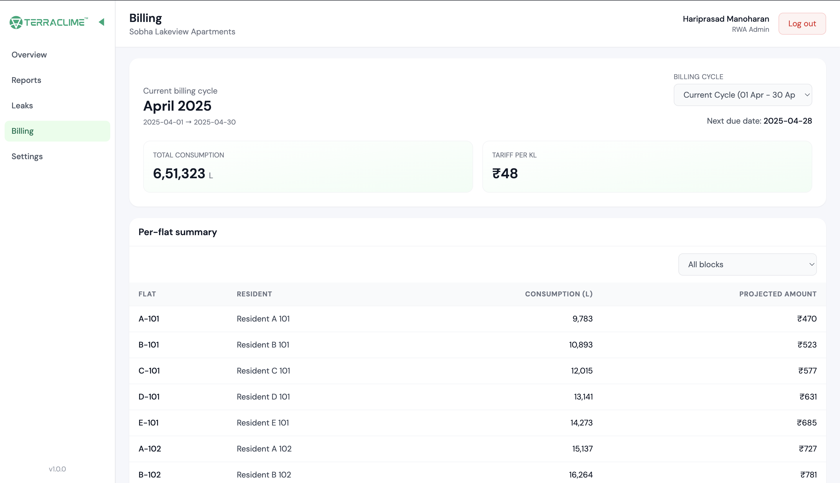 Flo dashboard billing screen
