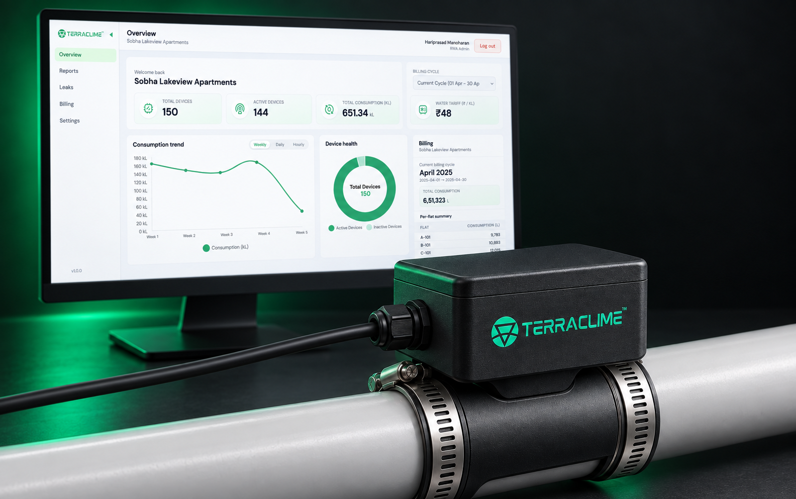 Flo clamp-on water meter on a PVC pipe with the analytics dashboard behind it